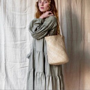 Worn Store Samsara Linen Balloon Sleeve Tiered Midi Dress Small Medium Sage